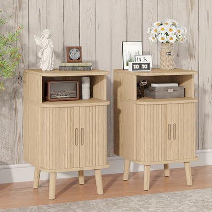 Alohappy Nightstand Set of 2, Mid Century Modern End Table with Storage, Fluted Bedside Table, Wooden Curved Profile Night Stands with Sliding Tambour Door for Bedroom, Living Room, Light Oak - color: Light Oak