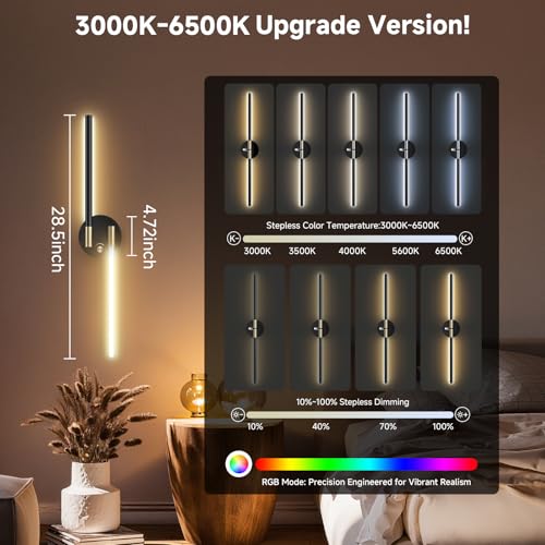 Battery Operated Wall Sconce with 360°DIY Independently Rotate Lamp,Wireless Magnetic Wall Lights with Remote,Timer,Dimmable 3000K-6500K,RGB Wall Sconces Decor for Bedroom,Living Room10000mAh - size: RGB-28.5 inch (Black - 2 Pack)
