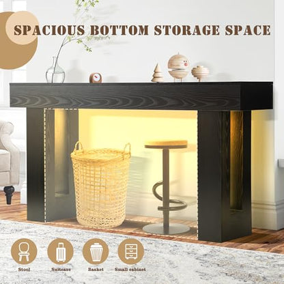 Grepatio 63 Inch Entryway Console Table, Wood Entry Way Table with LED Light, Long Console Table with USB Power Outlet, Narrow Sofa Behind Couch Tables for Entrance, Hallway, Living Room (LED Black) - color: Led Black