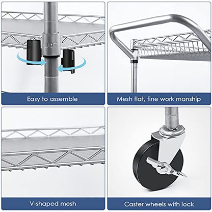 Heavy Duty 3 Tier Utility Cart,Wire Rolling Carts with Wheels, Commercial Grade Service Cart with Shelving Liners and Handle Bar Metal Carts for Kitchen Office Hardware - color: 990lbs Capacity Silver