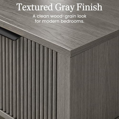 Weathered Gray 15.4" Wide Small Nightstand, Drawer,Open Shelf,Fluted | Weathered gray tone, ribbed fluted front, 11.8-inch slim depth, concealed storage, cool fit for sofa side or chair side - color: Weathered Gray