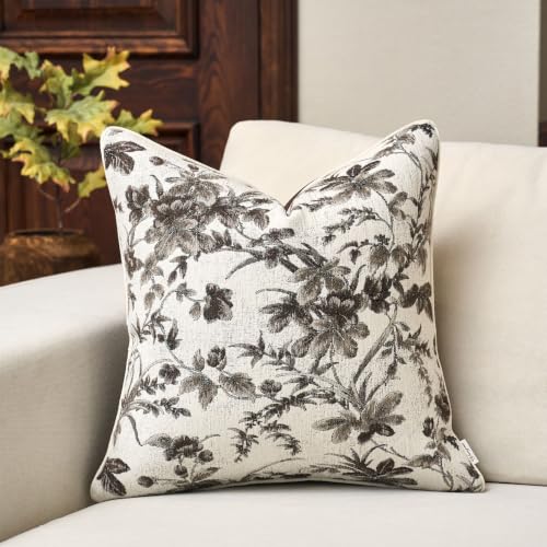 Vintage Floral Pillow Cover 20 x 20 Inches, Nature Chenille Square Throw Pillow Cover Soft Luxury Neutral Accent Couch Pillow Cover for Living Room Bedroom, Coffee Brown - color: Coffee Brown, size: 20" x 20" (Pack of 1)