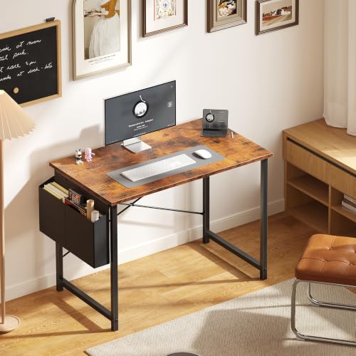 OLIXIS Small Computer Desk, 40 Inch Gaming Desks for Home Office | Writing Study Craft Work Table, Computer Workstation for Bedroom Small Spaces with Storage Bag, Brown - color: Brown Table Top &Black Legs, size: 40 Inch