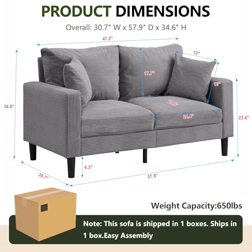 48 "Loveseat Couches,Small Love Seat Sofa with Pillows for Small Spaces,Comfy Corduroy Sofas w/ Wood Frame,Tool-Free Setup Compact Futon Couch for Apartment,Dorm,Office,Settee (Light Gray, 2-Seater) - color: Light Gray, size: 2-Seater