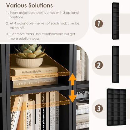 FOTOSOK 2 Pcs 71'' Tall Narrow Bookshelf, 8-Tier Media Tower Rack Set of 2 | CD DVD Storage Cabinet with Adjustable Shelves, Tall Narrow Bookcase Skinny Display Bookshelf Slim Shelf, Black - color: Black