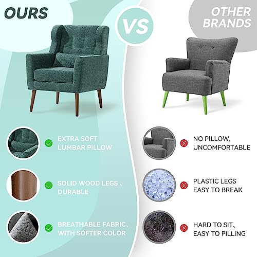 Modern Accent Chair, Upholstered Armchair with Pillow, Fabric Single Sofa Chair with Lounge Seat and Wood Legs Accent Chair for Living Room Bedroom Small Spaces (Blackish Green) - color: Blackish Green, size: Set of 1