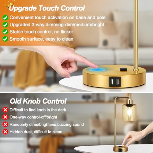 Set of 2 Industrial Touch Control Table Lamps with 2 USB Ports and AC Outlet - 3-Way Dimmable Gold Bedside Lamp Nightstand Desk Lamps for Bedroom Living Room, Amber Glass Shade & 2 LED Bulbs Included - color: Gold(2 pack)-Amber Glass-Touch Control