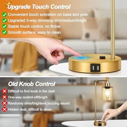 Set of 2 Industrial Touch Control Table Lamps with 2 USB Ports and AC Outlet - 3-Way Dimmable Gold Bedside Lamp Nightstand Desk Lamps for Bedroom Living Room, Amber Glass Shade & 2 LED Bulbs Included - color: Gold(2 pack)-Amber Glass-Touch Control