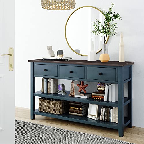 Modern Console Table, Pine Solid Wood Sofa Table with 3 Drawers and 2 Shelves, Entryway Table Sideboard Buffet Table for Living Room, 220 LBS Weight Capacity, Easy Assembly (Navy-1) - color: Navy-1