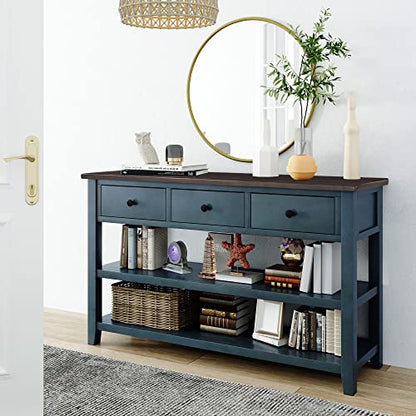 Modern Console Table, Pine Solid Wood Sofa Table with 3 Drawers and 2 Shelves, Entryway Table Sideboard Buffet Table for Living Room, 220 LBS Weight Capacity, Easy Assembly (Navy-1) - color: Navy-1