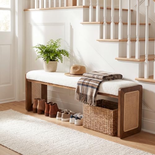 LITTLE TREE Shoe Bench with Cushion, Solid Wood Bench for Entryway、Hallway | Modern Storage Bench with Padded Seat, Narrow Rustic Space-Saving Bench with Cushioning Footpads, Elegant Wicker Design
