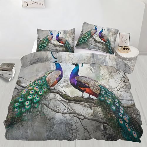 Peacock Bedding Sets Color Feather Duvet Cover Cal King | Branch Motif Comforter Cover with Zipper - 3 Pieces with 2 Pillowcases - Vintage Bird Bedding Set - color: Color Feather, size: California King (98 x 104 in)