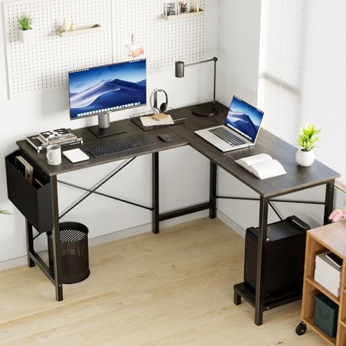 OLIXIS L Shaped Desk, Gaming Desk, Corner Table 50 Inch | Side Bag, Reversible Shelf, Home Work Study Writing, PC Workstation, Easy Assembly, Grey