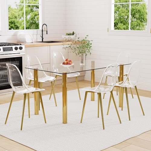 Baysitone Clear Dining Chairs Set of 6, Modern Kitchen Chairs with Transparent Seat, Acrylic Accent Side Chairs with Golden Plating Metal Legs for Dining Room, Kitchen, Living Room - color: Golden, size: Set of 6
