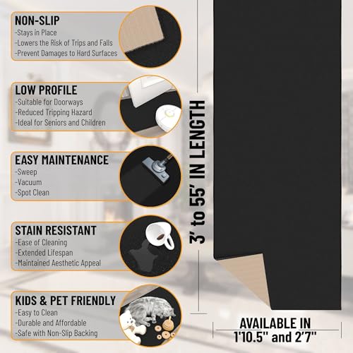 Ottomanson 2x14 Runner Rug for Hallway – Kitchen Rug Runners | Black Solid Thin Entryway Rug – Non-Slip Bathroom Mat, 14 ft Carpet Runner for Living Room Bedroom, 22.5" x 14' - color: Solid Black, size: 1'10" x 14' (22.5" Wide)