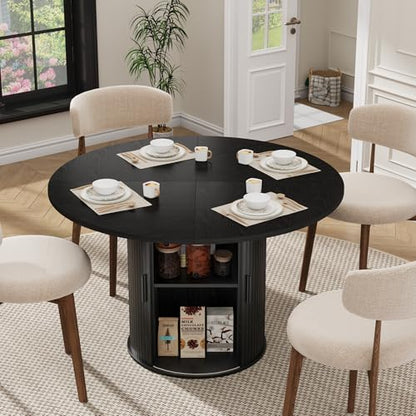 IDEALHOUSE 47 Inch Round Dining Table for 4, Black | With 2-Tier Shelf and Wood Slide Door, Pedestal Dinner Table Space Saving, T-Shape Base, Dining Room, Modern Black Finish - color: Black