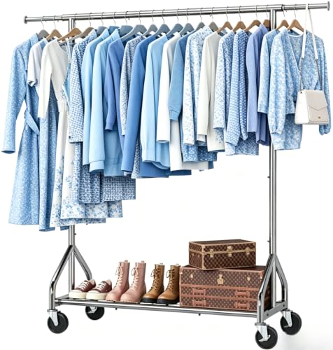 Simple Trending Heavy Duty Clothes Rack, Extensible Clothing Rack, Silver | Garment Rack Load 450 LBS, Portable Closet with Mesh Bottom Shelf, 360° Lockable Wheels, Bedroom, Laundry Room - size: 17"D x 61"W x 66.75"H