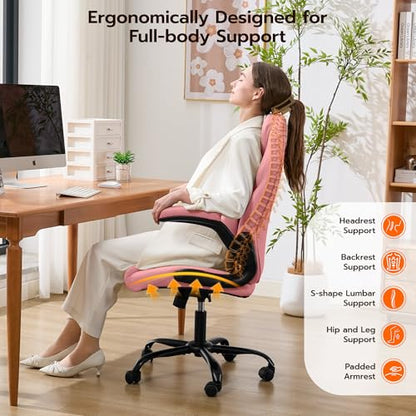 Ylzyxal Office Desk Chair, Ergonomic Computer Chair with Padded Flip-Up Arms and Adjustable Lumbar Support, PU Leather Executive Chair with Tilt Lock and 360° Swivel Rolling Wheels for Work, Study - color: Pink
