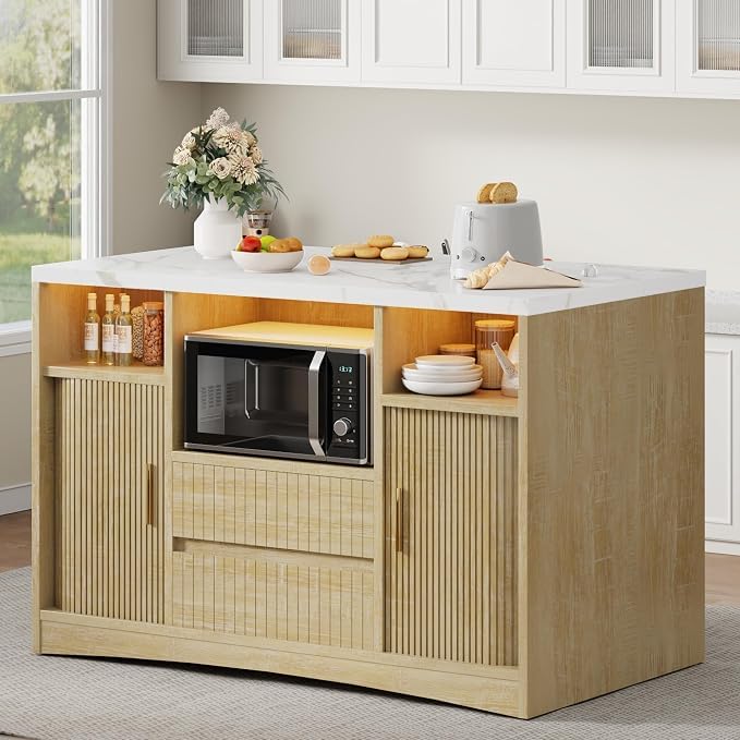 Kitchen Island on Wheels, Rolling Island Cart with Power Outlet | & RGB LED Light, Movable Buffet Cabinet with Fluted Sliding Door, 2 Drawers, Microwave Cart, Large Countertop, Natural - color: Natural