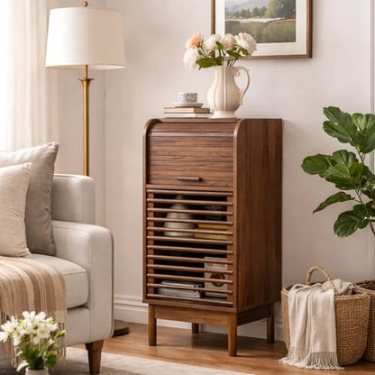 Ahokua Modern Single-Door Accent Cabinet with Curved Roll-Top and Slatted Door Design, Tall Narrow Storage Cabinet for Living Room, Entryway, Hallway, or Home Office