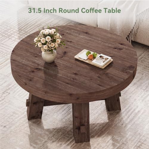 31.5-Inch Round Coffee Table, Solid Wood Center Table with Thickened Tabletop for Living Room, Apartment, Small Space, Brown - color: Walnut Brown