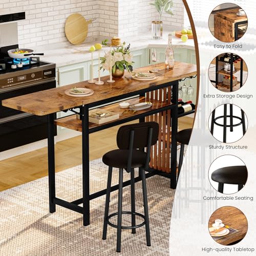 Recaceik 59" Bar Dining Table Set for 2, Bar Table and Chairs Set, Expandable Counter Height Dining Table Set, Small Kitchen Bar Table with Wine Racks & Storage, Breakfast Nook Set for Small Space - size: 59 inches