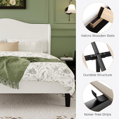 SHA CERLIN Full Size Bed Frame with Curved Wingback Headboard,Soft White | Modern Luxury Design Velvet Platform Bed with Sturdy Wooden Slats,Noise-Free, No Box Spring Needed, Easy Assembly - color: Soft White, size: Full