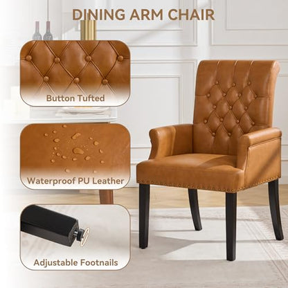 Dining Chair with Arms, PU Leather High Back Dining Room Chairs, Brown | Set of 2, PU Leather Dining Chairs, Tufted Armchair with Solid Wood Leg, Nailhead Trim, Comfortable Parson Kitchen Chairs - color: Pu-brown, size: 2 PCS
