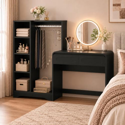 Vanity Desk, Makeup Vanity Desk with Drawers and Hanging Rack | 4 Tier Shelves, Modern Makeup Vanity Table with Curved Profile Design, Makeup Dressing Desk for Bedroom, Black - color: Black, size: 15.7"D x 70"W x 47"H