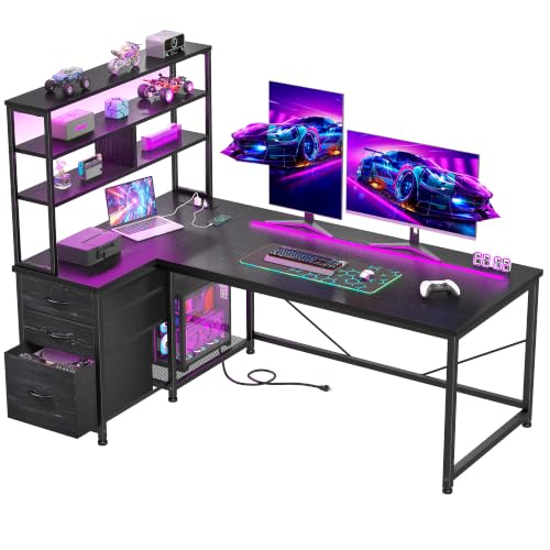 DurayLoly 55''Gaming Desk L Shaped Desk with 3 Fabric Drawers & Shelves | Computer Desk with Remote LED Lights, Power Outlet and PC Stand of Home Office Desk for Bedroom,Dorm,Gaming Room,Black - color: Black, size: 18.9"D x 55.1"W x 59"H