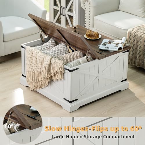 Joaxswe Farmhouse Coffee Table with Large Hidden Storage Compartment, Antique White Square Center Table, Wood Rustic Low Modern Living Room Tables with Hinged Lift Brown Top & Wooden Arc Base - color: White, style: With Base