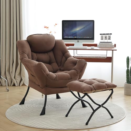 Lazy Chair with Ottoman, Comfy Accent Reading Chair, Dark Brown | Foldable Footrest,Removable Cover,with Armrests and Side Pockets,Upholstered Lounge Chair for Bedroom,Dorm,Office,Small Space - color: Dark Brown