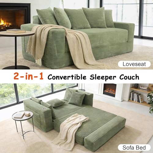 76" Convertible Sofa Bed, Corduroy Boneless Couch with Cup Holders & Pocket | 2-in-1 Sleeper Sofa, Pull-out Couch Bed with 5 Pillows, Living Room, Small Spaces, Bedroom, No Assembly - color: 76"light Green