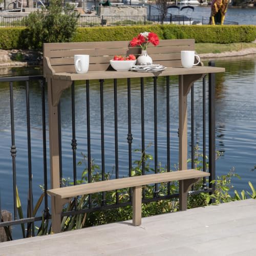Lekit Balcony Bar Table for Railings, Acacia Wood, Gray, Space-Saving | Acacia Wood Construction, Footrest Bar Comfort, Slim Long Surface, Casual Coffee Setup, Small Patio Friendly
