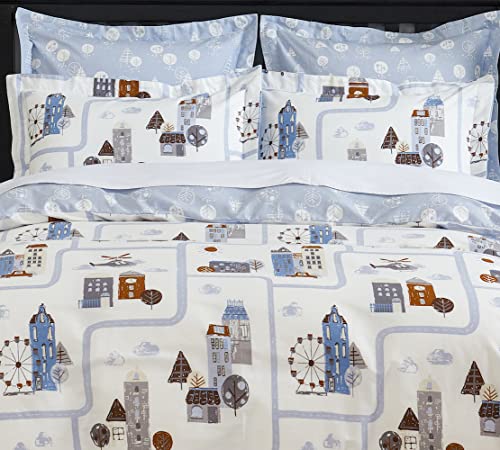DAUAOTO Kids Bedding Duvet Cover Full Size 82x86 Set, 100% Cotton Road Map Landscape Pattern Boys, Blue Town - color: Pattern 7#, size: 82"x86" Full Cover + 2 Shams
