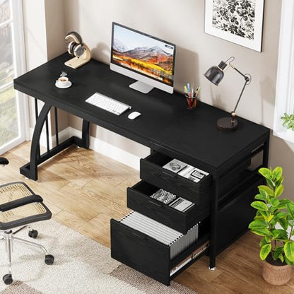 Tribesigns Computer Desk with 3 Drawers, 59-Inch PC Desk with Reversible Drawers, Industrial Study Writing Table Workstation with File Storage for Home Office (Black) - color: Black