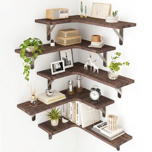 Fixwal Conner Shelves Wall Mounted for Decor, Walnut Brown Set of 5 | Solid wood shelf with metal brackets, holds 40 lbs. Optimizes corner storage. Fits bathroom, kitchen, bedroom & living room. - color: 6-walnut Brown