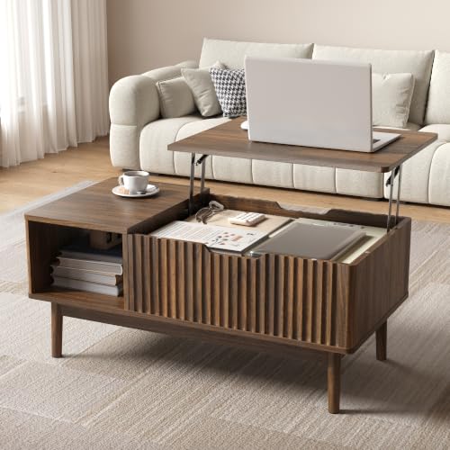 Fluted Lift Top Coffee Table with Storage, Walnut | Modern Coffee Table for Living Room, Home Office - color: Walnut, size: 18.9"D x 37.4"W x 16.5"H