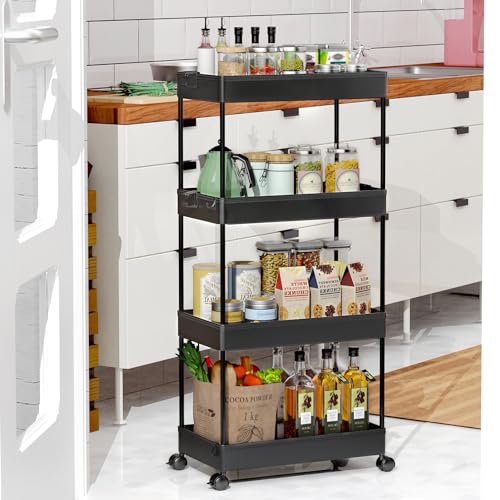 SPACEKEEPER Storage Cart 4-Tier, Bathroom Rolling Cart Utility Storage Organizer Shelf Mobile Shelving Unit for Kitchen Living Room Bathroom Laundry Room & Dressers, Black | Mobile Storage Cart for Laundry Room Organization,Kitchen,Office,Bathroom, Utilit