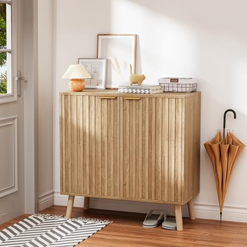 Fluted Buffet Cabinet, Free Standing Sideboard with Storage, Wood Accent Cabinet with Doors & Shelf, Multifunctional Credenza, Sideboard Buffet for Living Room, Dining Room(1, Natural) - color: Natural