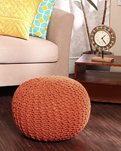 · REDEARTH · Round Pouf Ottoman - Hand Knitted Boho Poof - Burnt Orange | 100% Cotton, 19.5"x19.5"x14"; Doubles as Footstool, Foot Rest; Great for Living Room, Bedroom, Nursery, Patio, Dorm, Lounge - color: Burnt Orange, size: 19.5"D x 19.5"W x 14"H