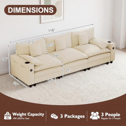 KCGKCG 116" 3-Seater Cloud Sofa, Modular Sectional Couch, Chenille Deep Seat Cloud Couch with Charging Station, Cup Holder, Side Pocket, Double Layer Seat Cushion Couches for Living Room, Beige - color: Beige, size: 116"- Loveseat