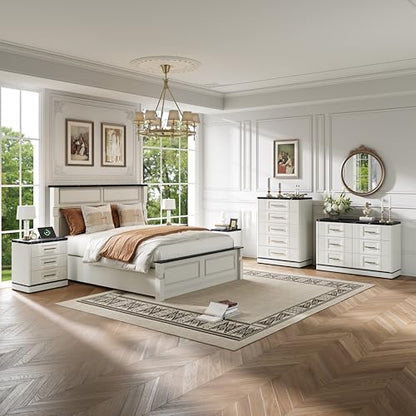 RECHHX Small Dresser for Bedroom, Farmhouse Marble-Effect Nightstand with 2 Drawer for Narrow Spaces, Thermoformed Curved End Table for Bedroom, Living Room, White