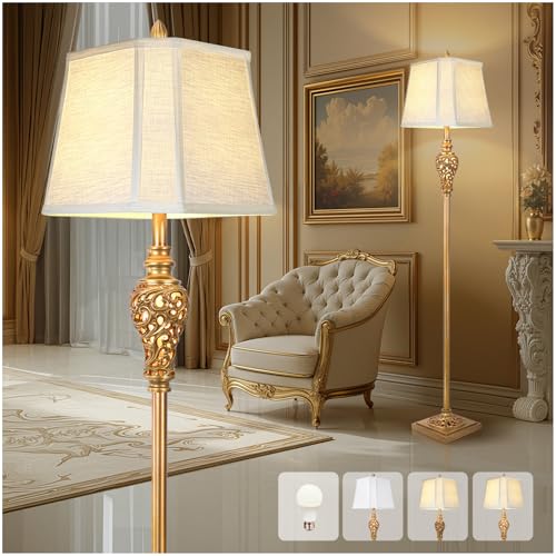 Vintage Farmhouse Floor Lamp with Nightlight, Antique Gold, 65" Tall | White Linen Fabric Shade, Carving Design, Elegant Reading Corner Light, for Living Room, Bedroom, Office, LED Bulb Included - color: Antique Gold