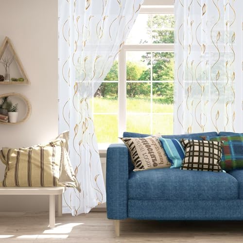 Gold Foil Print Sheer Curtains 63 inches Long, 2 Panels Ginkgo Bronzing Treatment Sheer Curtain, Rod Pocket Window Treatment Panels for Bedroom Living Room - color: Wicker/Gold/White, size: 42"W x 63"L (Pack of 2)