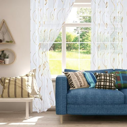 Gold Foil Print Sheer Curtains 96 inches Long, 2 Panels Ginkgo Bronzing Treatment Sheer Curtain, Rod Pocket Window Treatment Panels for Bedroom Living Room - color: Wicker/Gold/White, size: 42"W x 96"L (Pack of 2)