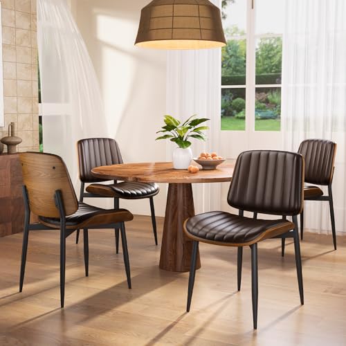 YaFiti Mid Century Dining Chairs with Walnut Bentwood, Set of 2, Brown | Ergonomic Walnut Backrest, Upholstered Waterproof PU Leather Seat, Stable Metal Legs, Adjustable Footpads, Apartment Friendly - color: Brown Pinstripe