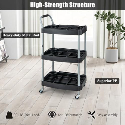 3 Tier Rolling Utility Cart with Compartment & Universal Wheels | 3 Shelf Rolling Storage Cart, Plastic Tool Cart Organizer for Garage, Office, Home, Warehouse, Repair Shop