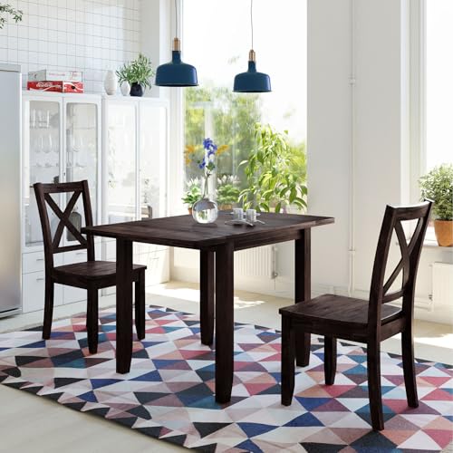 3-Piece Farmhouse Dining Table Set, Wood Drop Leaf Breakfast Nook Set | Dining Table Set with 2 X-Back Chairs, Space-Saving Breakfast Nook Dining Set for 2 People for Small Places (Espresso) - color: Espresso
