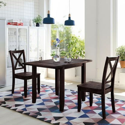 3-Piece Farmhouse Dining Table Set, Wood Drop Leaf Breakfast Nook Set | Dining Table Set with 2 X-Back Chairs, Space-Saving Breakfast Nook Dining Set for 2 People for Small Places (Espresso) - color: Espresso